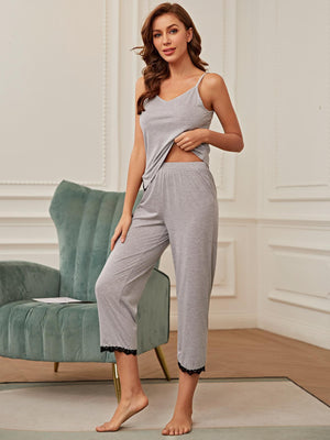 Calming Lace Trim Slit Cami and Pants Pajama Set - MXSTUDIO.COM