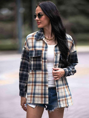 Carefree And Warm Button Front Collared Plaid Shacket-MXSTUDIO.COM