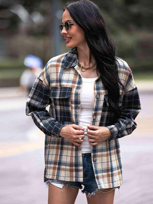 Carefree And Warm Button Front Collared Plaid Shacket-MXSTUDIO.COM