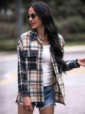 Carefree And Warm Button Front Collared Plaid Shacket-MXSTUDIO.COM