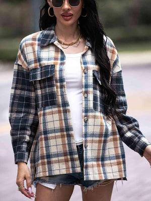 Carefree And Warm Button Front Collared Plaid Shacket-MXSTUDIO.COM