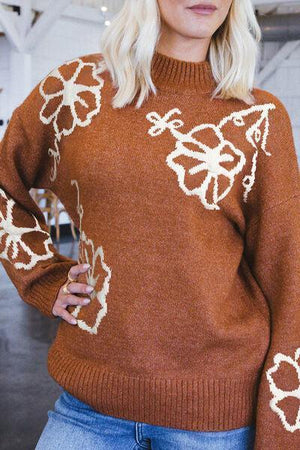 Carefree Cozy Knitted Mock Neck Floral Sweater-MXSTUDIO.COM