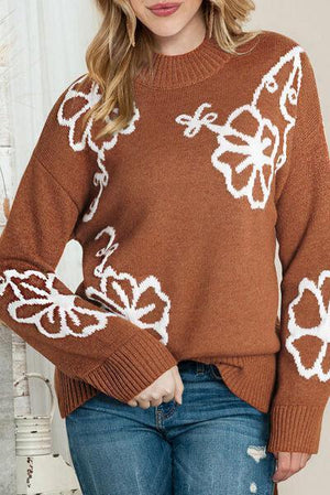 Carefree Cozy Knitted Mock Neck Floral Sweater-MXSTUDIO.COM