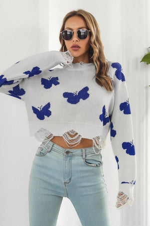 Carefree Embrace Distressed Butterfly Sweater - MXSTUDIO.COM