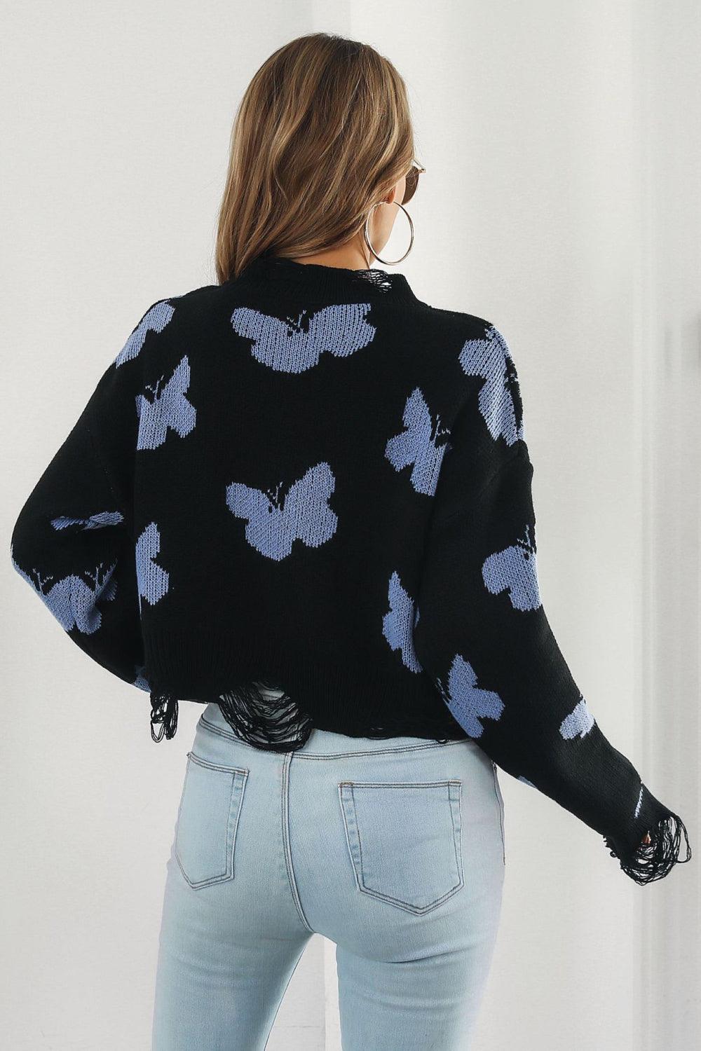 Carefree Embrace Distressed Butterfly Sweater - MXSTUDIO.COM