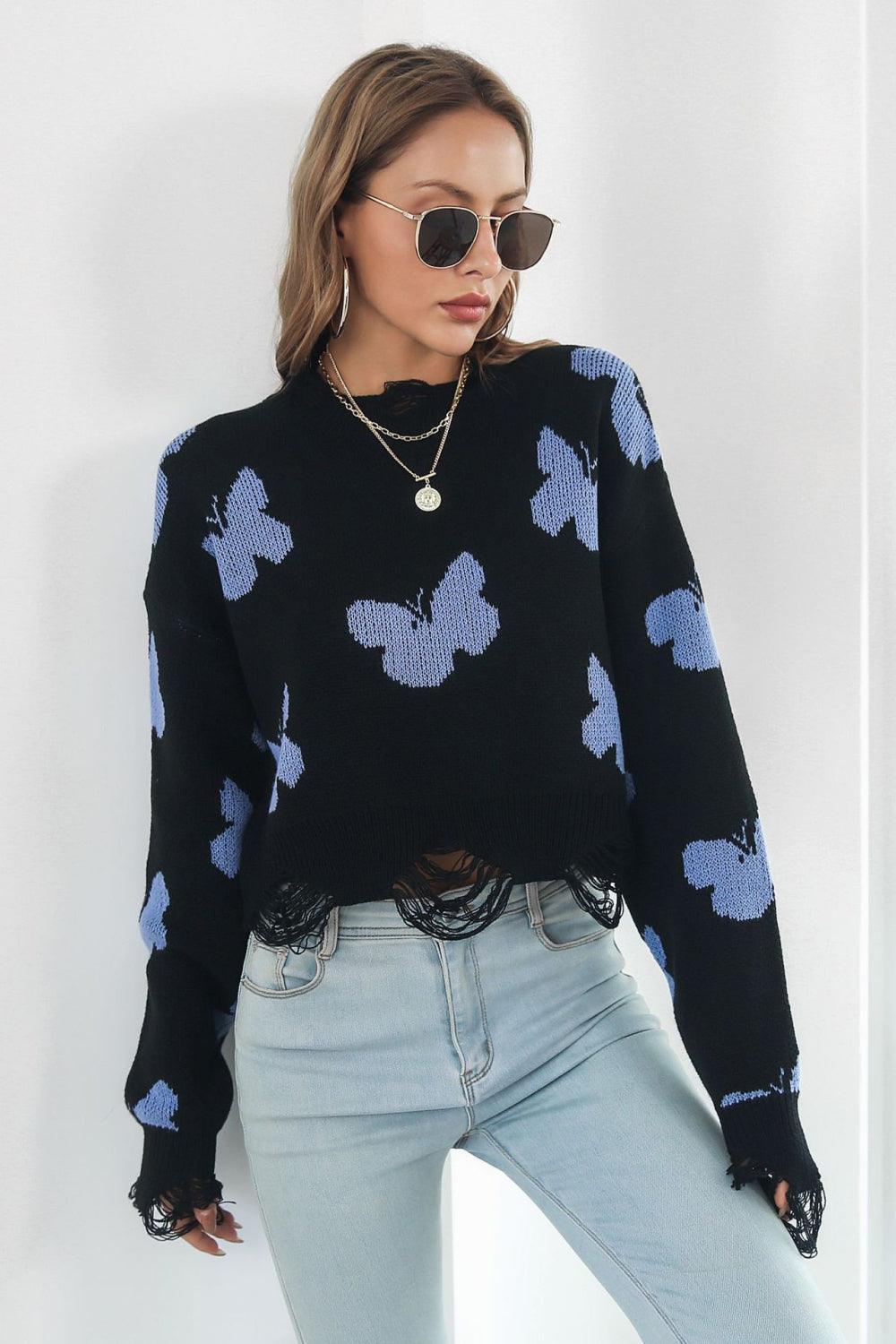 Carefree Embrace Distressed Butterfly Sweater - MXSTUDIO.COM