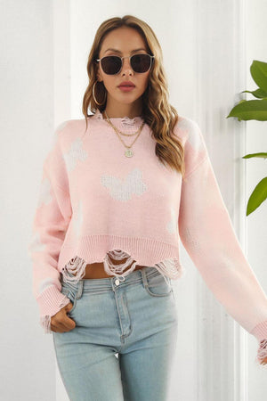 Carefree Embrace Distressed Butterfly Sweater - MXSTUDIO.COM