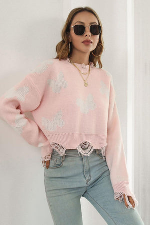 Carefree Embrace Distressed Butterfly Sweater - MXSTUDIO.COM