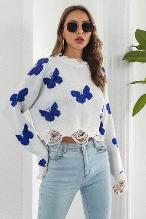 Carefree Embrace Distressed Butterfly Sweater - MXSTUDIO.COM