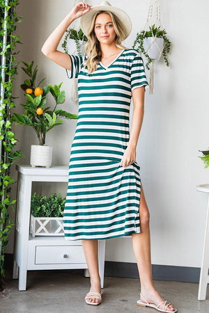 Carefree Short Sleeve Slit Striped Midi Dress - MXSTUDIO.COM