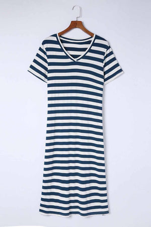 Carefree Short Sleeve Slit Striped Midi Dress - MXSTUDIO.COM
