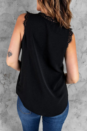 Carefree V-Neck Eyelash Lace Trim Tank Top - MXSTUDIO.COM