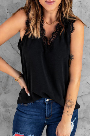 Carefree V-Neck Eyelash Lace Trim Tank Top - MXSTUDIO.COM