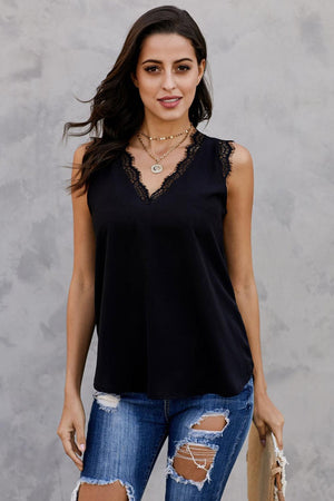 Carefree V-Neck Eyelash Lace Trim Tank Top - MXSTUDIO.COM