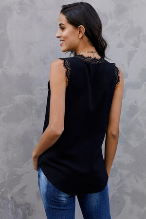 Carefree V-Neck Eyelash Lace Trim Tank Top - MXSTUDIO.COM