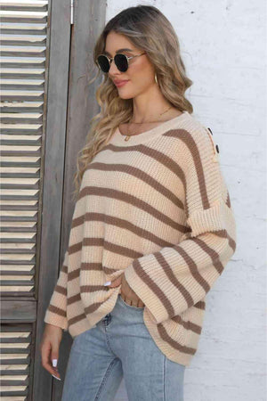 Casual Comfort Striped Drop Shoulder Sweater - MXSTUDIO.COM