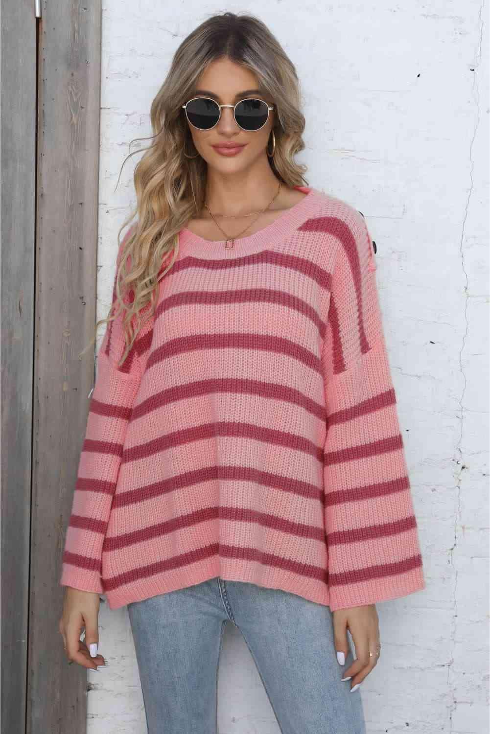 Casual Comfort Striped Drop Shoulder Sweater - MXSTUDIO.COM