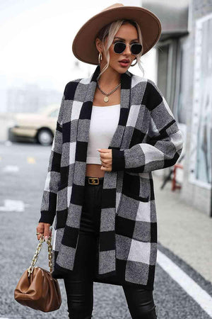 Casual Comfy Open Front Plaid Cardigan - MXSTUDIO.COM