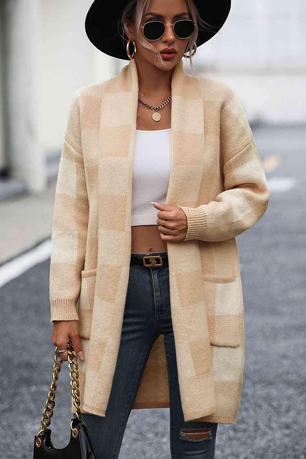 Casual Comfy Open Front Plaid Cardigan - MXSTUDIO.COM