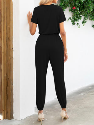 Casual Elegance Short Sleeve Tapered Leg Jumpsuit - MXSTUDIO.COM - Stylish Womens Clothing