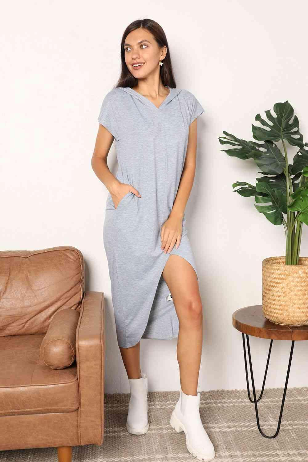 Casual Trend Front Slit Hooded Midi Dress - MXSTUDIO.COM