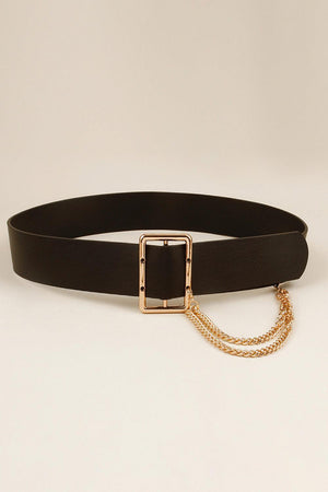 Chain Accent PU Leather Wide Black Women Belt - MXSTUDIO.COM
