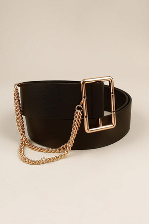 Chain Accent PU Leather Wide Black Women Belt - MXSTUDIO.COM