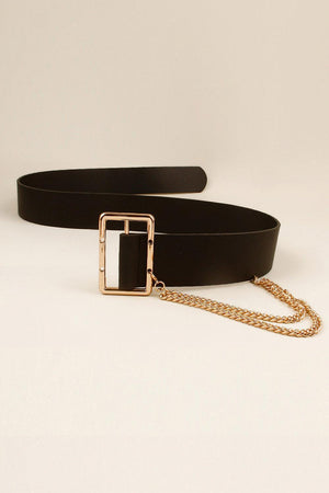 Chain Accent PU Leather Wide Black Women Belt - MXSTUDIO.COM
