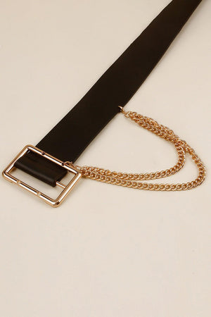 Chain Accent PU Leather Wide Black Women Belt - MXSTUDIO.COM