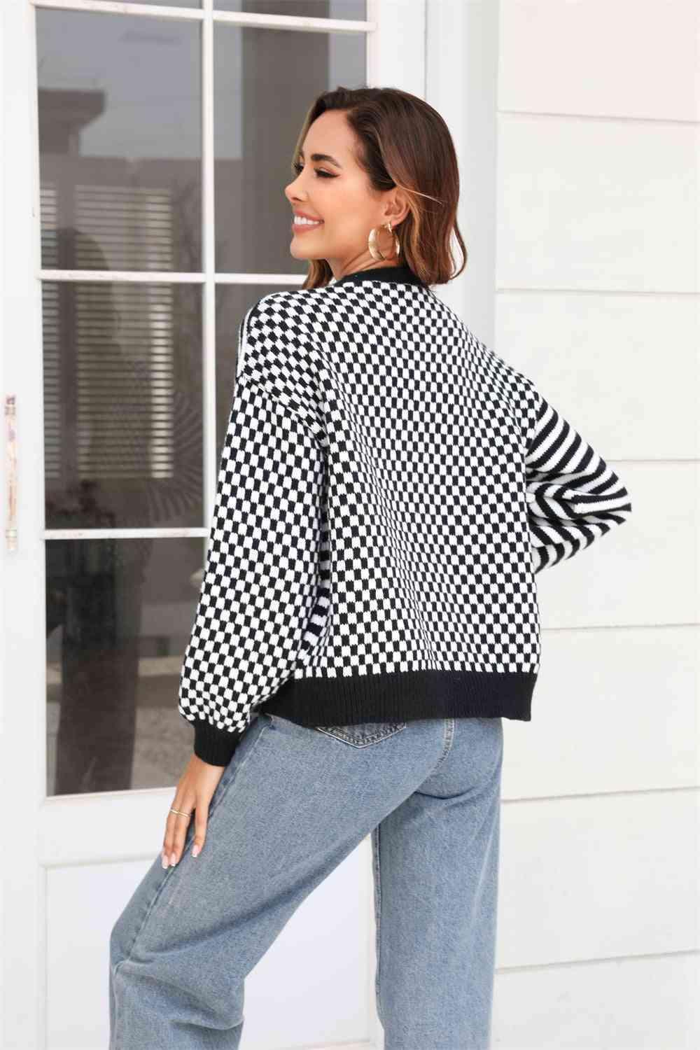 Checkered And Striped Button Down Cardigan - MXSTUDIO.COM