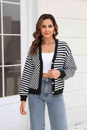 Checkered And Striped Button Down Cardigan - MXSTUDIO.COM