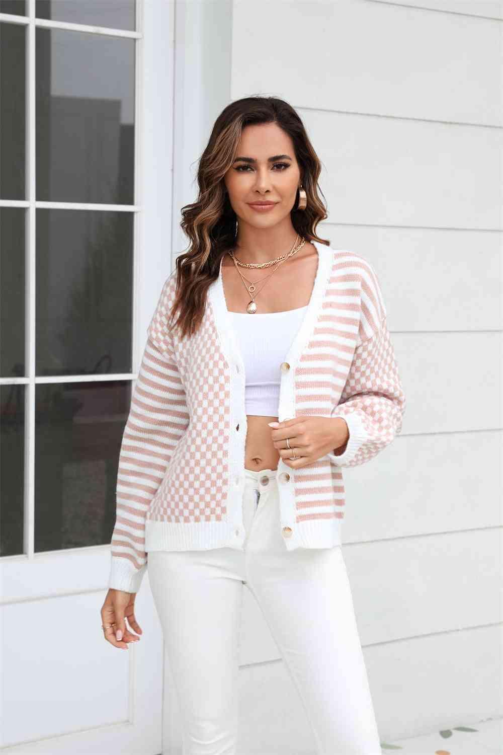Checkered And Striped Button Down Cardigan - MXSTUDIO.COM