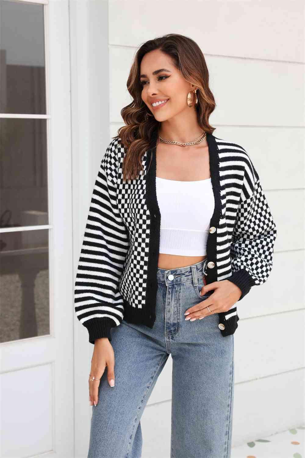 Checkered And Striped Button Down Cardigan - MXSTUDIO.COM