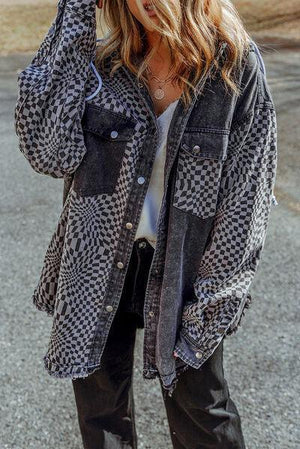 Checkered Raw Hem Snap Down Plaid Hooded Jacket-MXSTUDIO.COM