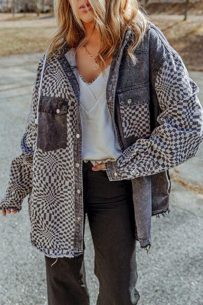 Checkered Raw Hem Snap Down Plaid Hooded Jacket-MXSTUDIO.COM