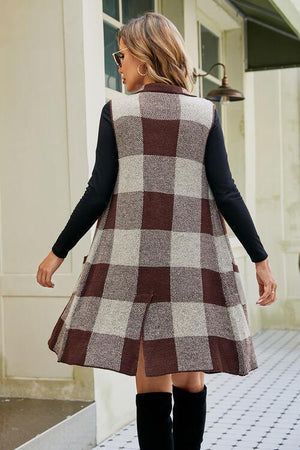 Checkered Sleeveless Long Vest Cardigan-MXSTUDIO.COM