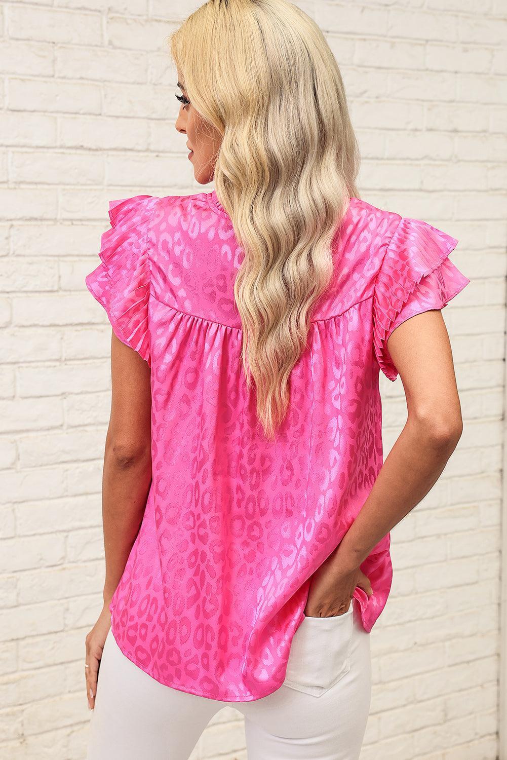 Cheerful Flutter Sleeve Pink Leopard Print Blouse - MXSTUDIO.COM
