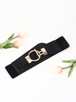 Cherish Yourself Alloy Buckle PU Wide Stretch Waist Belt - MXSTUDIO.COM