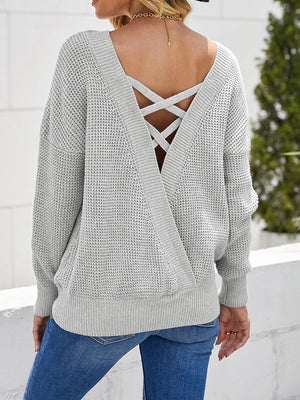 Chic Comfort Crisscross Back Waffle-Knit Sweater - MXSTUDIO.COM