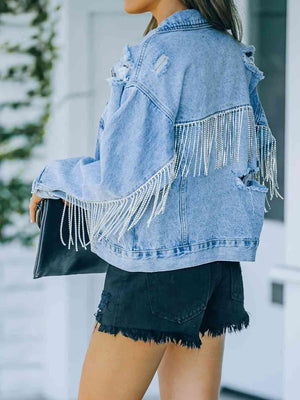 Chic Cowgirl Distressed Denim Jacket With Fringe - MXSTUDIO.COM