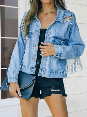 Chic Cowgirl Distressed Denim Jacket With Fringe - MXSTUDIO.COM