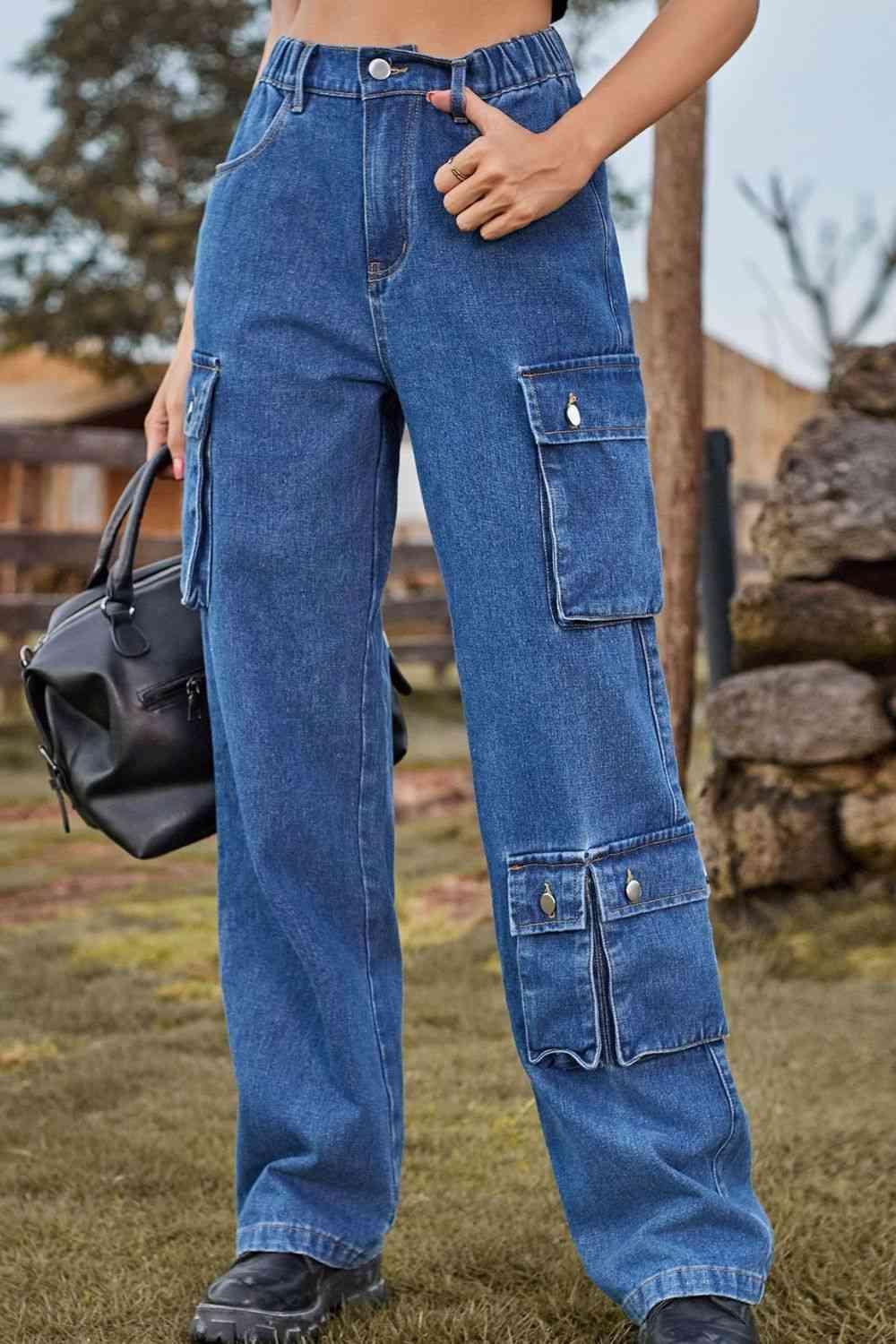 Chic Utilitarian Flap Pocket Cargo Jeans - MXSTUDIO.COM
