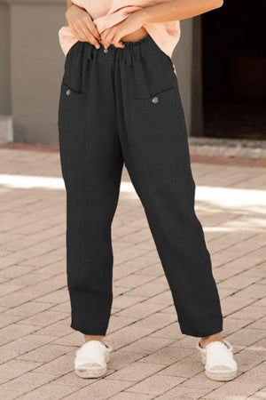 Chillax Button Detail Black Elastic Waist Pants - MXSTUDIO.COM