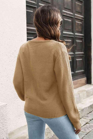 Chilly Chic Ribbed Knit V Neck Pullover Sweater - MXSTUDIO.COM