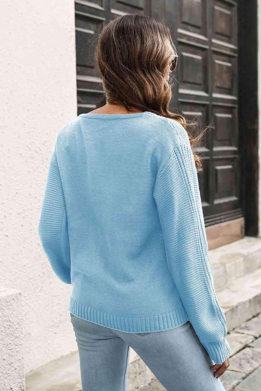 Chilly Chic Ribbed Knit V Neck Pullover Sweater - MXSTUDIO.COM