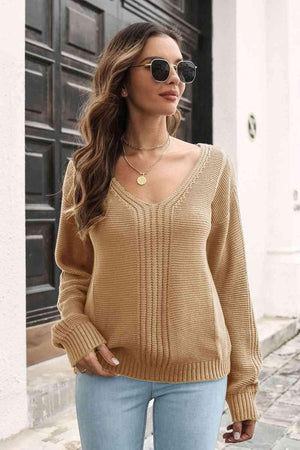 Chilly Chic Ribbed Knit V Neck Pullover Sweater - MXSTUDIO.COM