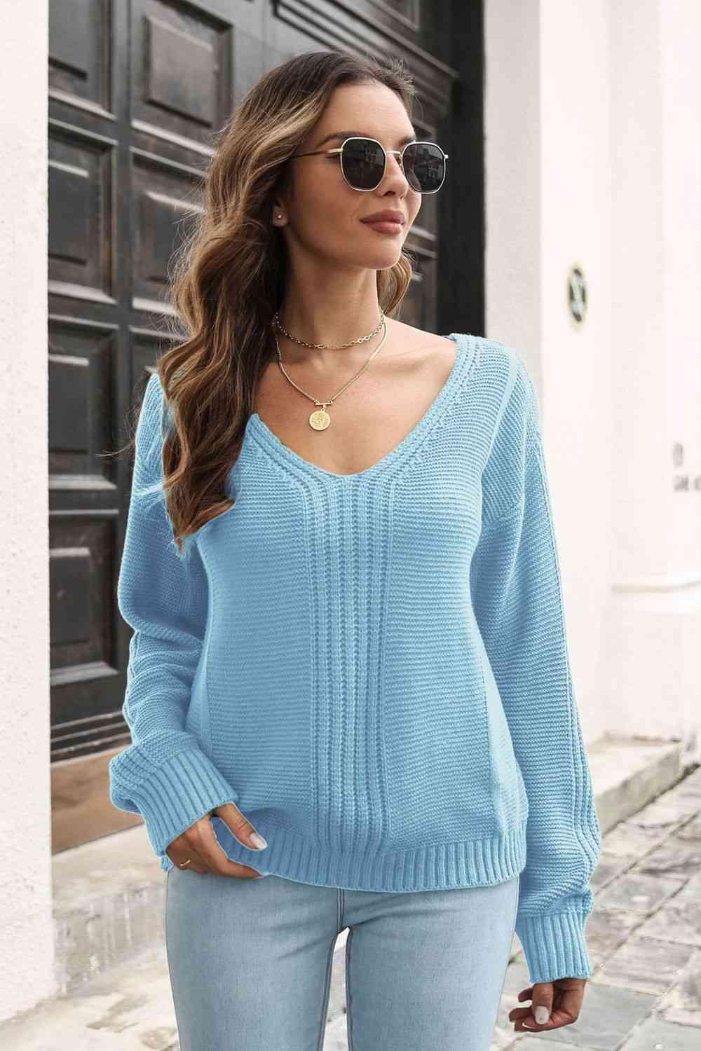 Chilly Chic Ribbed Knit V Neck Pullover Sweater - MXSTUDIO.COM