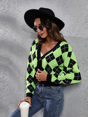Chilly Day Fun Button Down Argyle Cardigan-MXSTUDIO.COM
