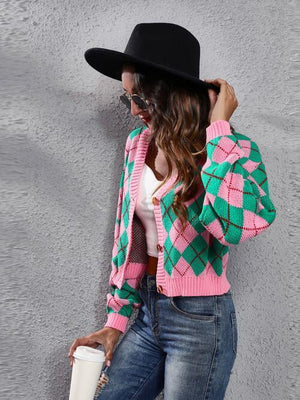 Chilly Day Fun Button Down Argyle Cardigan-MXSTUDIO.COM