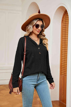 Chilly Stroll Half-Button Dropped Shoulder Hoodie - MXSTUDIO.COM